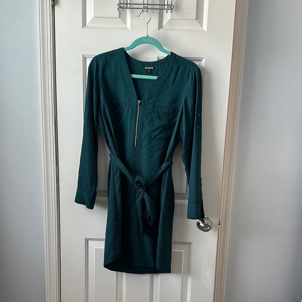 Express Green Long Sleeve Wrap Dress with Tie Front